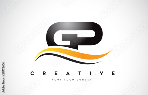 GP G P Swoosh Letter Logo Design with Modern Yellow Swoosh Curved Lines.