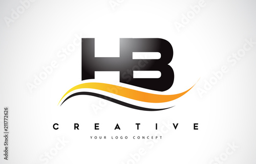 HB H B Swoosh Letter Logo Design with Modern Yellow Swoosh Curved Lines.