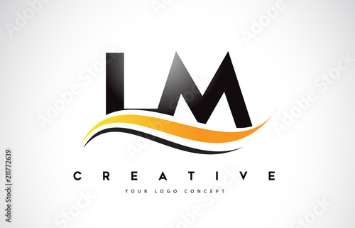 LM L M Swoosh Letter Logo Design with Modern Yellow Swoosh Curved Lines.