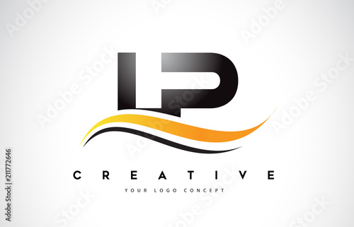 LP L P Swoosh Letter Logo Design with Modern Yellow Swoosh Curved Lines.