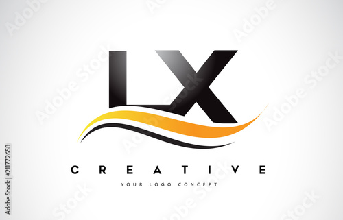 LX L X Swoosh Letter Logo Design with Modern Yellow Swoosh Curved Lines.