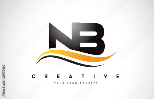 NB N B Swoosh Letter Logo Design with Modern Yellow Swoosh Curved Lines.