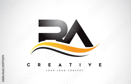 RA R A Swoosh Letter Logo Design with Modern Yellow Swoosh Curved Lines.
