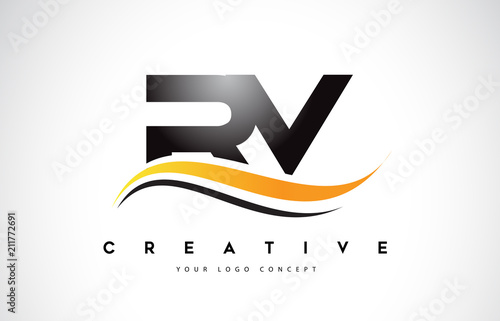 RV R V Swoosh Letter Logo Design with Modern Yellow Swoosh Curved Lines.