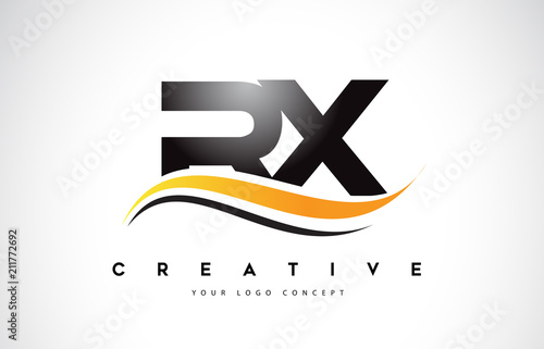 RX R X Swoosh Letter Logo Design with Modern Yellow Swoosh Curved Lines.