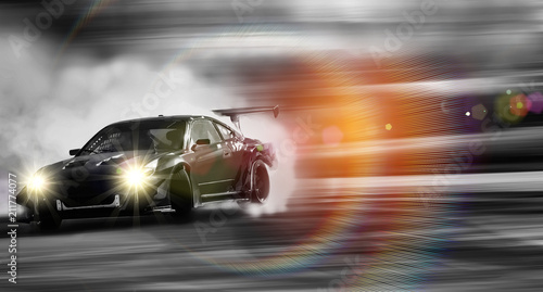 Car drifting, Sport car wheel drifting and smoking on blurred background.