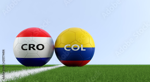 Colombia vs. Croatia Soccer Match - Soccer balls in Colombia and Croatia national colors on a soccer field. Copy space on the right side - 3D Rendering 