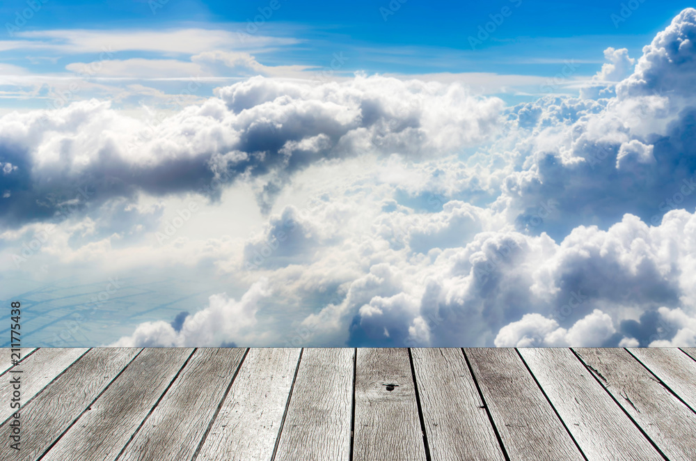 empty space white gray wooden floor or wooden terrace with blue sky and cloud, copy space for display of product or object presentation