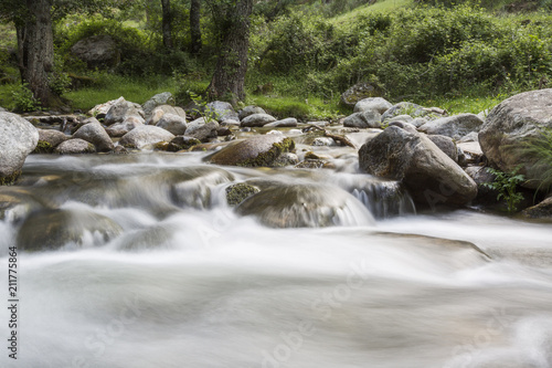 Un arroyo fluye entre   rboles  rocas y cascadas en la ladera de una monta  a