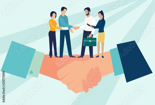 Business concept vector illustration, partnership concept, agreement of parties, hand shake, signing documents