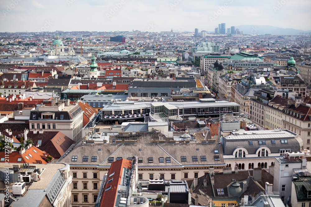 Vienna in Austria, capital city cityscape with rooftop of St. Stephen Cathedral.