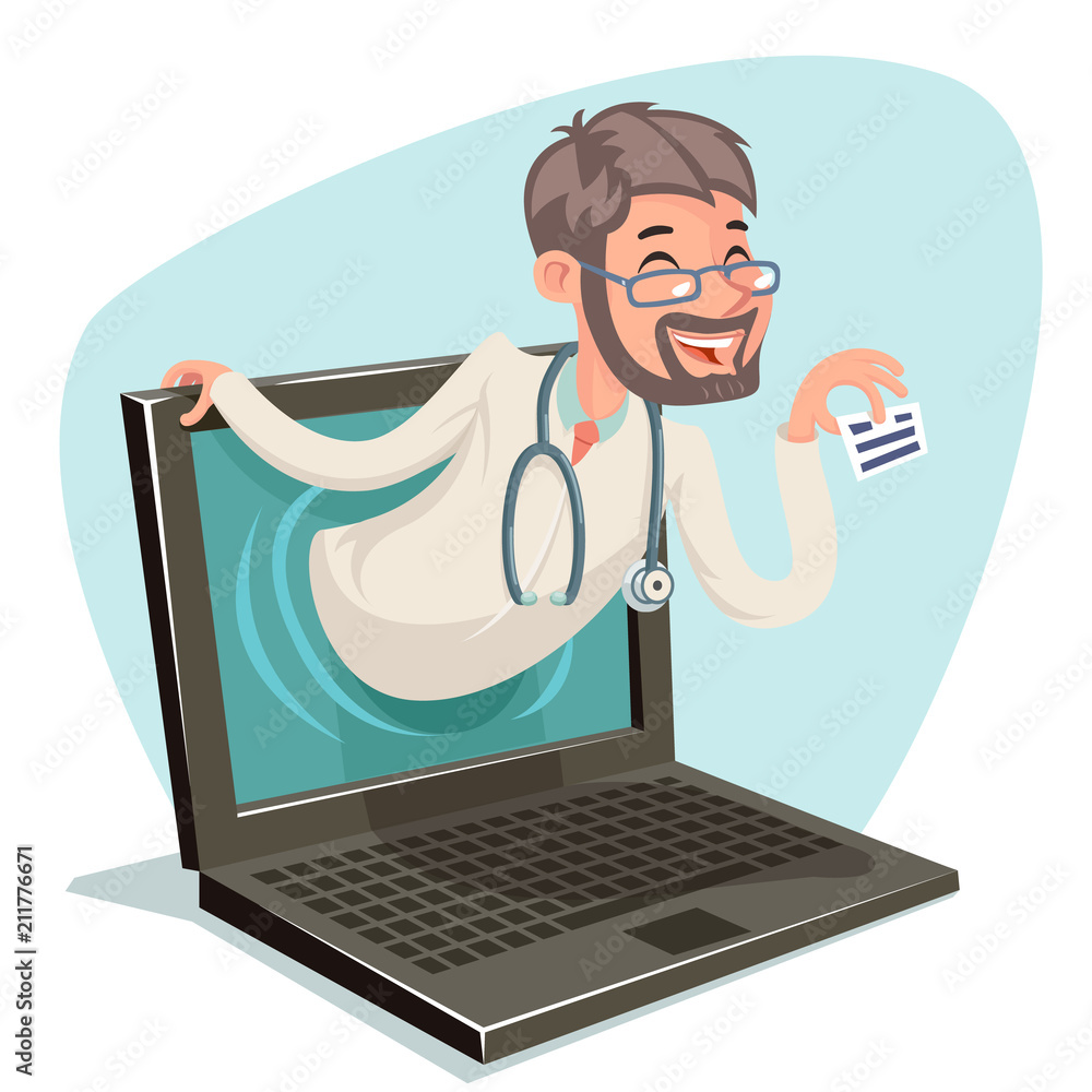 Doctor quality treatment call card online presentation advertisement laptop  internet monitor cartoon character design vector illustration Stock Vector  | Adobe Stock