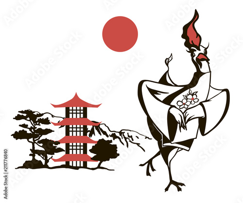Chicken in traditional Chinese dress against the background of the pagoda