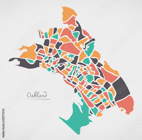 Oakland California Map with neighborhoods and modern round shapes