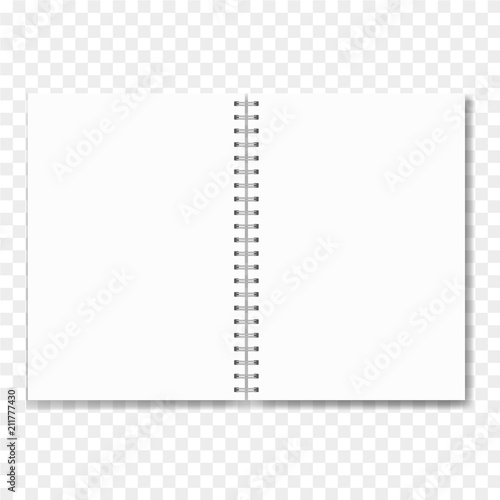 Realistic opened notebook with blank sheets. Vector textbook on ring spiral binder, educational or office mockup