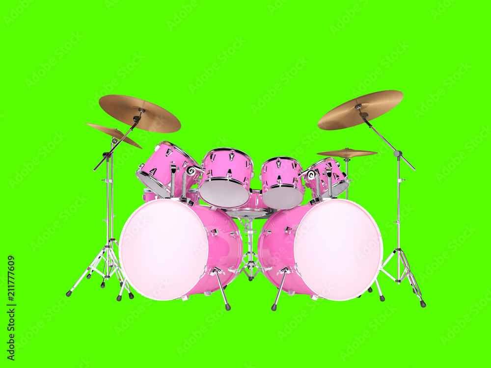 Drums pink with two bass drums. Isolated on green