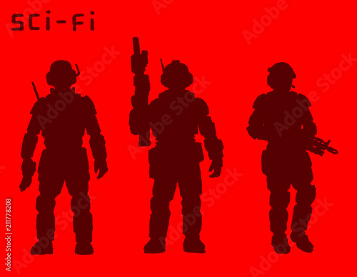 Armed soldiers of the future. Vector illustration.