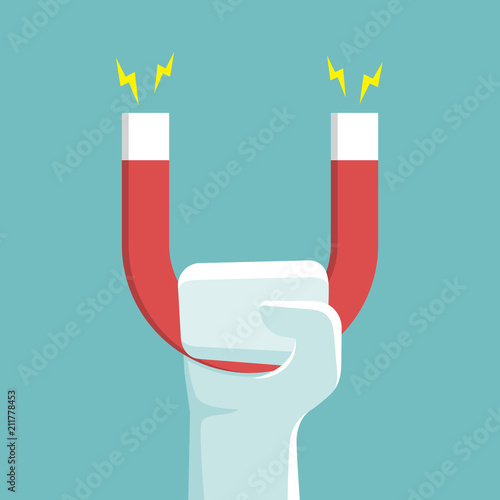 Hand holding magnet. Vector...