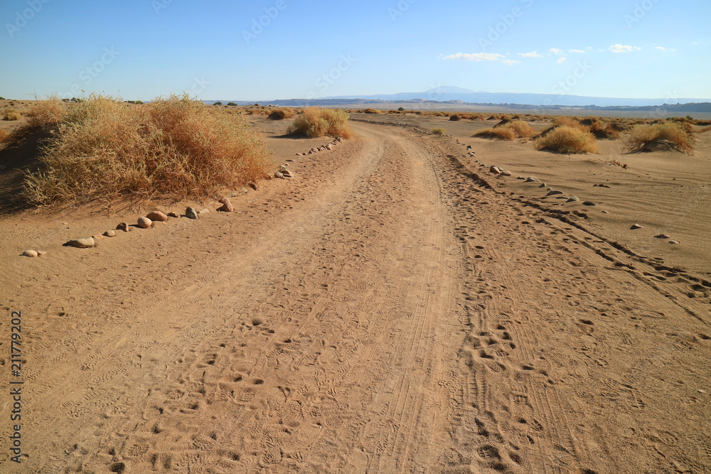 Desert road in the archaeological site of Aldea de Tulor, Atacama Desert in Northern Chile 