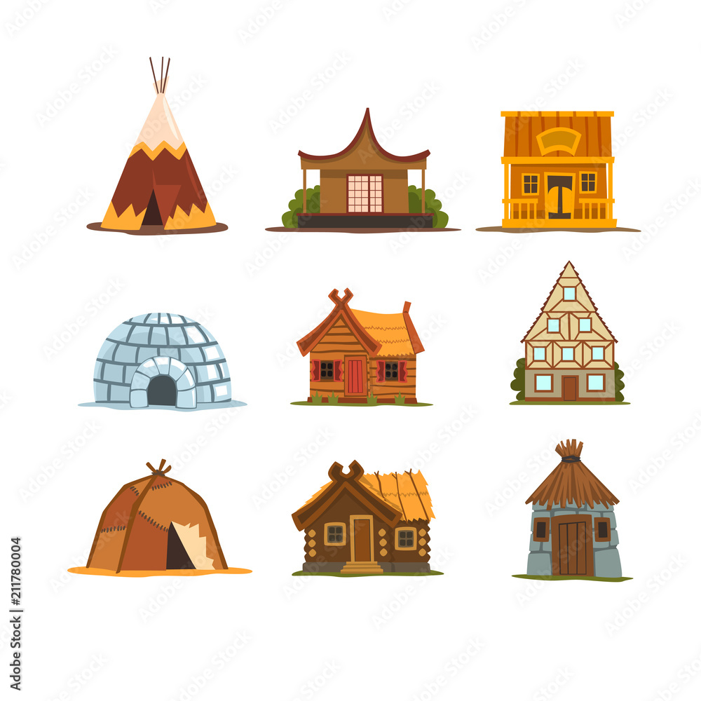 Traditional buildings of different countries set, houses from around the world vector Illustrations on a white background Traditional buildings of different countries set, houses from around the world vector Illustrations on a white background