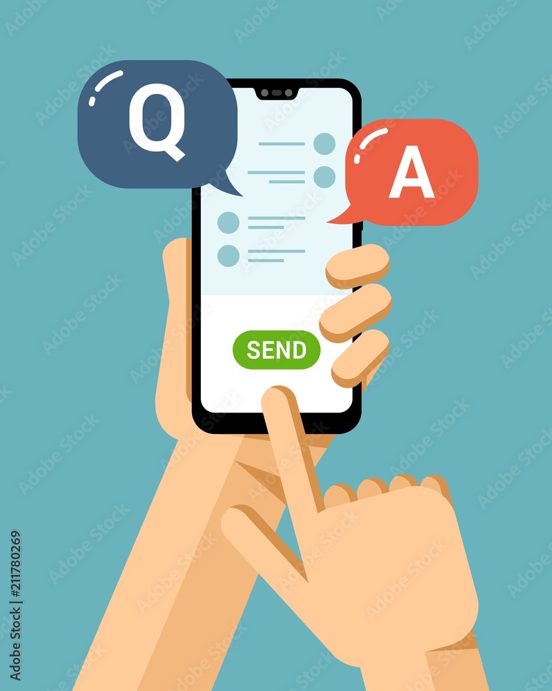 Hand holds the smartphone and presses send button. Messages from support team. Flat vector modern phone mock-up illustration Hand holds the smartphone and presses send button. Messages from support team. Flat vector modern phone mock-up illustration