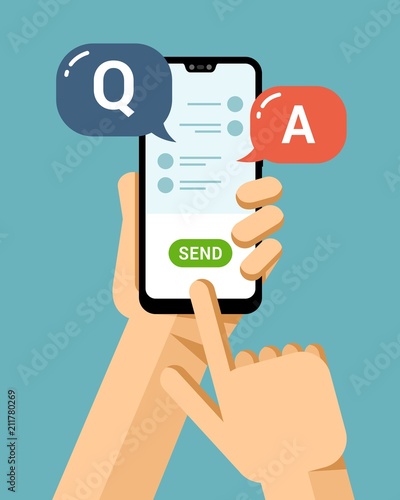 Hand holds the smartphone and presses send button. Messages from support team. Flat vector modern phone mock-up illustration