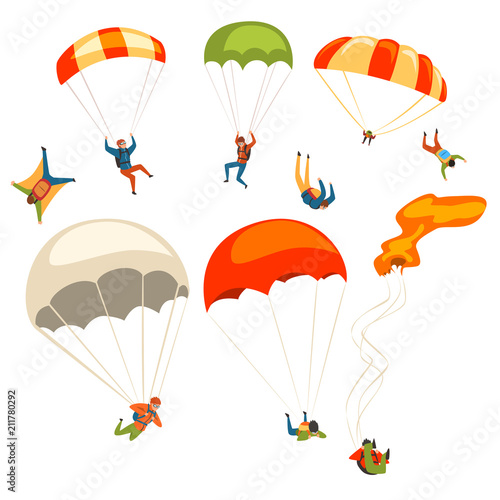 Skydivers flying with parachutes set, extreme parachuting sport and skydiving concept vector Illustrations on a white background photo