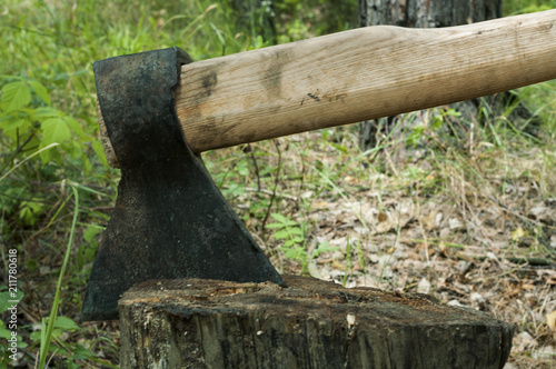 The ax is stabbed with a blade into the stump. Ax with wooden handle. photo