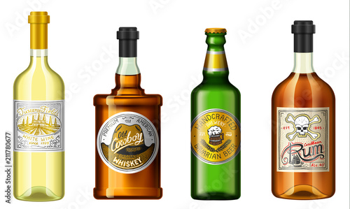 Realistic alcohol drinks in a bottle with different vintage labels. Wine whiskey beer rum. Vector illustration.