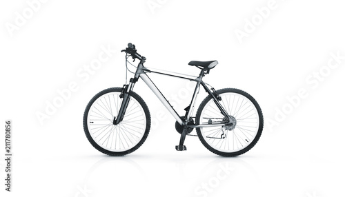 Blank white sport bicycle mock up, stand isolated, front view. Clear bike mockup. Mountain empty velocipede design template with nobody.