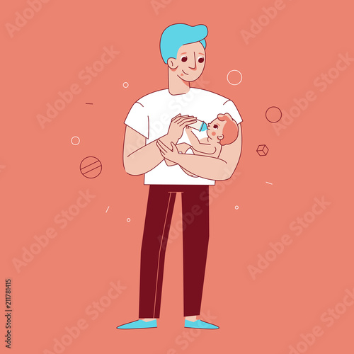 Vector illustration in trendy flat linear style - happy father feeding baby with a bottle