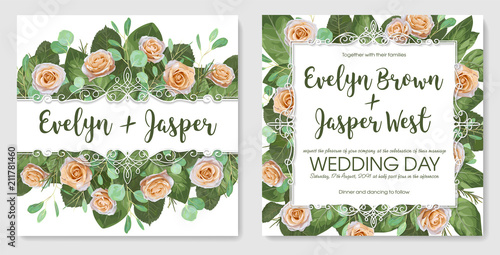 Set of vector illustrations of decorative vintage lace frames with cream roses and twigs and leaves of eucalyptus. For the wedding invitation, greeting cards, banner, St. Valentine's Day
