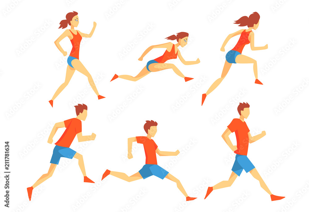Flat vector set of athletes in running action. Man and woman in sportswear. Professional runners. Active lifestyle
