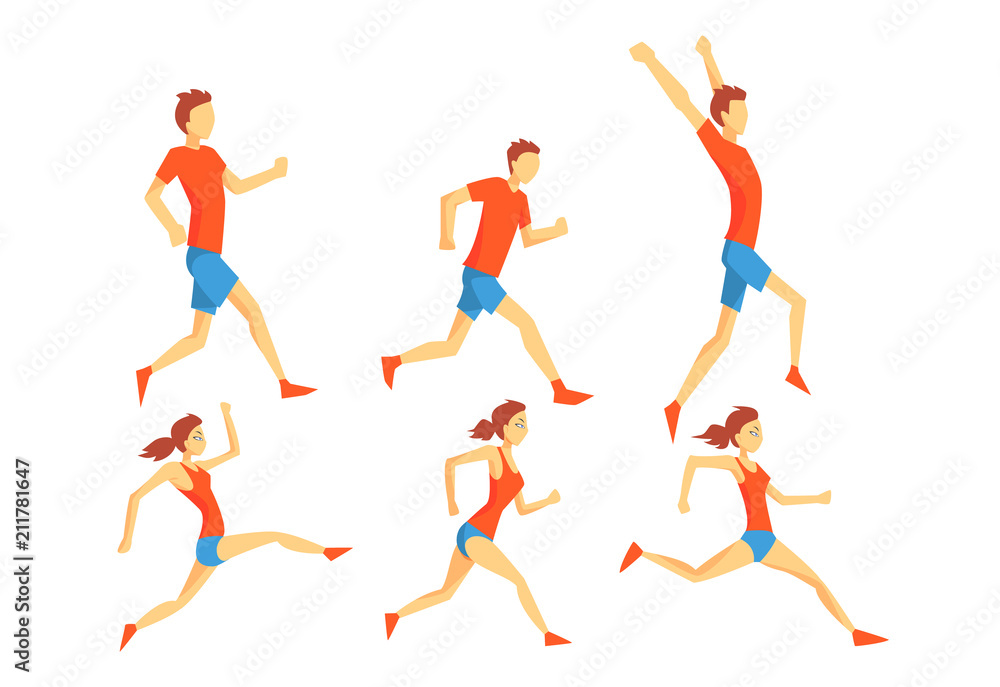Obraz premium Flat vector set of people in running action. Professional athletes. Runners in sportswear. Active and healthy lifestyle
