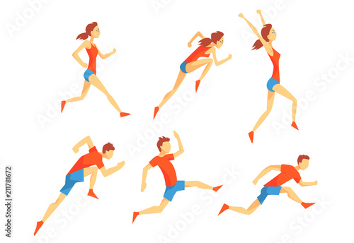 Flat vector set with energetic man and woman in running action. Athletes in sportswear. Professional runners. Active sport people