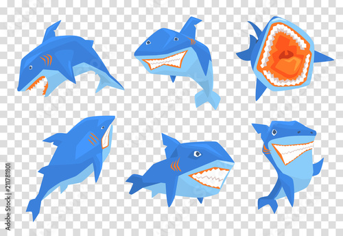 Flat vector set of big blue shark. Marine fish with sharp teeth and large fin on back. Elements for stickers or mobile game