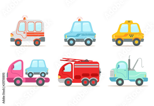 Flat vector set of various vehicles. Ambulance, police car, yellow taxi, tow truck, wrecking car and fire engine. Service transport