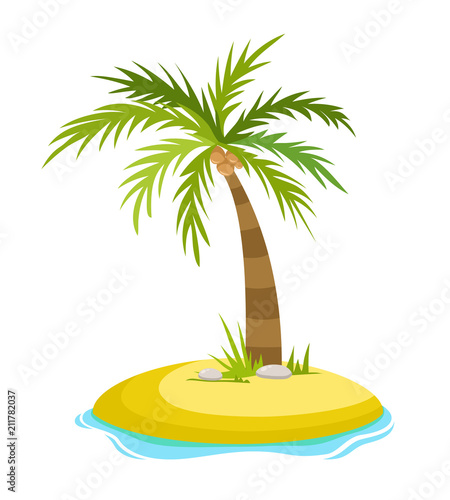 Tropical palm on island with sea waves vector illustration isolated white background. Beach under palm tree. Summer vacation in tropics. Cartoon vector illustration