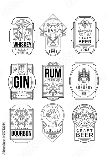 Alcohol labels set, retro alcohol industry monochrome emblem vector Illustration on a white background