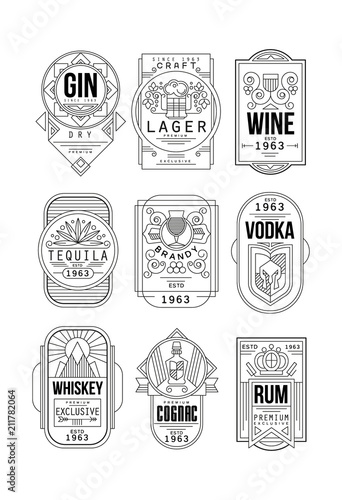 Alcohol labels set, gin, lager, wine, tequila, brandy, vodka, whiskey, cognac, rum retro alcohol industry monochrome emblem vector Illustration on a white background