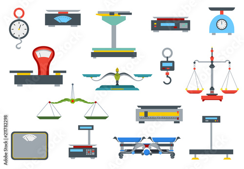 Flat store weigher. Collection of electronic and mechanical scales for shop. Business sale objects. Measurement of grocery products. Isolated on white vector illustration