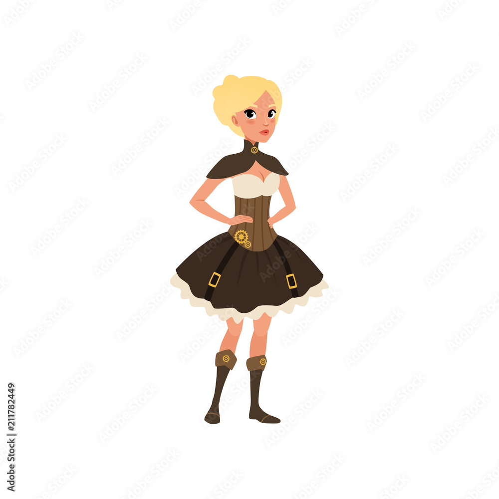 Steampunk woman posing with arms akimbo. Fancy dress for Halloween party. Young girl in top, corset, skirt and boots. Flat vector design Steampunk woman posing with arms akimbo. Fancy dress for Halloween party. Young girl in top, corset, skirt and boots. Flat vector design