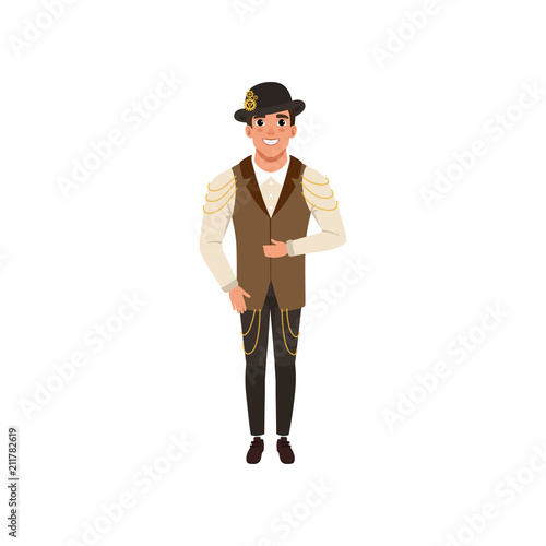 Steampunk man. Young guy in shirt, pants, vest with chains and bowler hat with gears. Costume for festival. Flat vector design