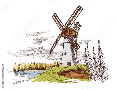 Windmill landscape in vintage, retro hand drawn or engraved style, can be use for ecological bakery logo, wheat field with old building. Rural organic agricultural production. Vector illustration.