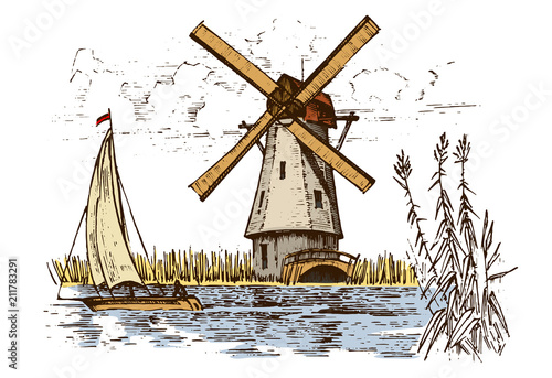 Windmill landscape in vintage, retro hand drawn or engraved style, can be use for ecological bakery logo, wheat field with old building. Rural organic agricultural production. Vector illustration.
