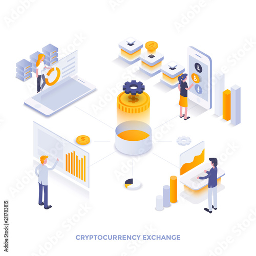 Flat color Modern Isometric Illustration design - Cryptocurrency exchange