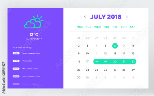 Calendar Day Planner and Calendar App Ui Ux Design. UI, UX and GUI template layout for Mobile Apps and web design.