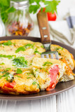 Omelet with broccoli and tomato, delicious healthy Breakfast, traditional morning food
