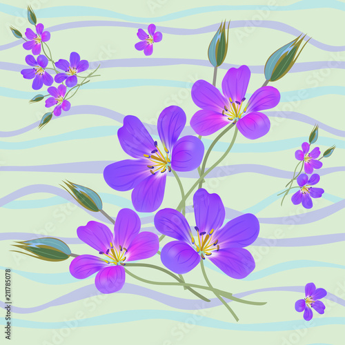 Seamless floral vector pattern with violet flowers on a wavy background of horizontal stripes of modern coloring.