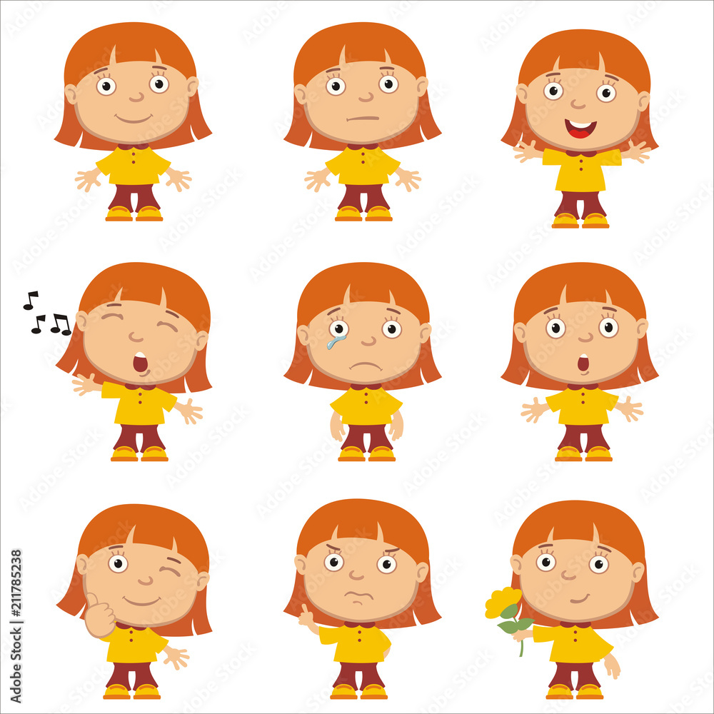 Collection of emoticons of funny girl with red hair in different poses isolated on white background. Collection of emoticons of funny girl with red hair in different poses isolated on white background.